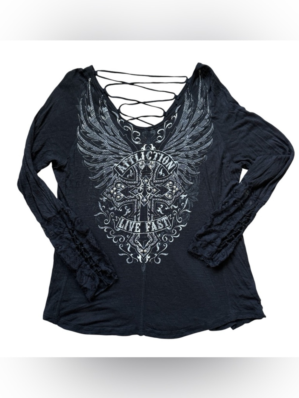 Affliction Black Graphic Long Sleeve Top Lace Up Y2K Biker Skull Cross Shirt L